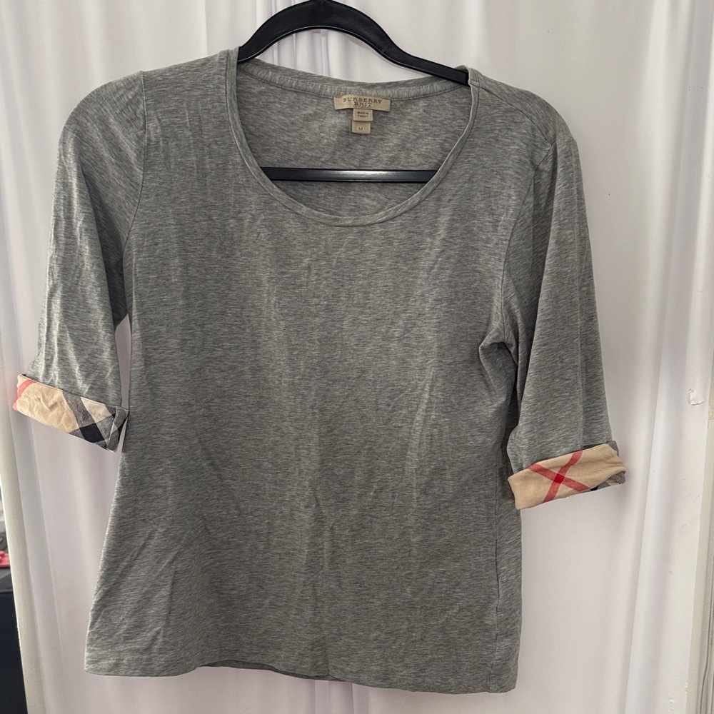 Burberry Gray Long Sleeve Top with Patterned Cuffs